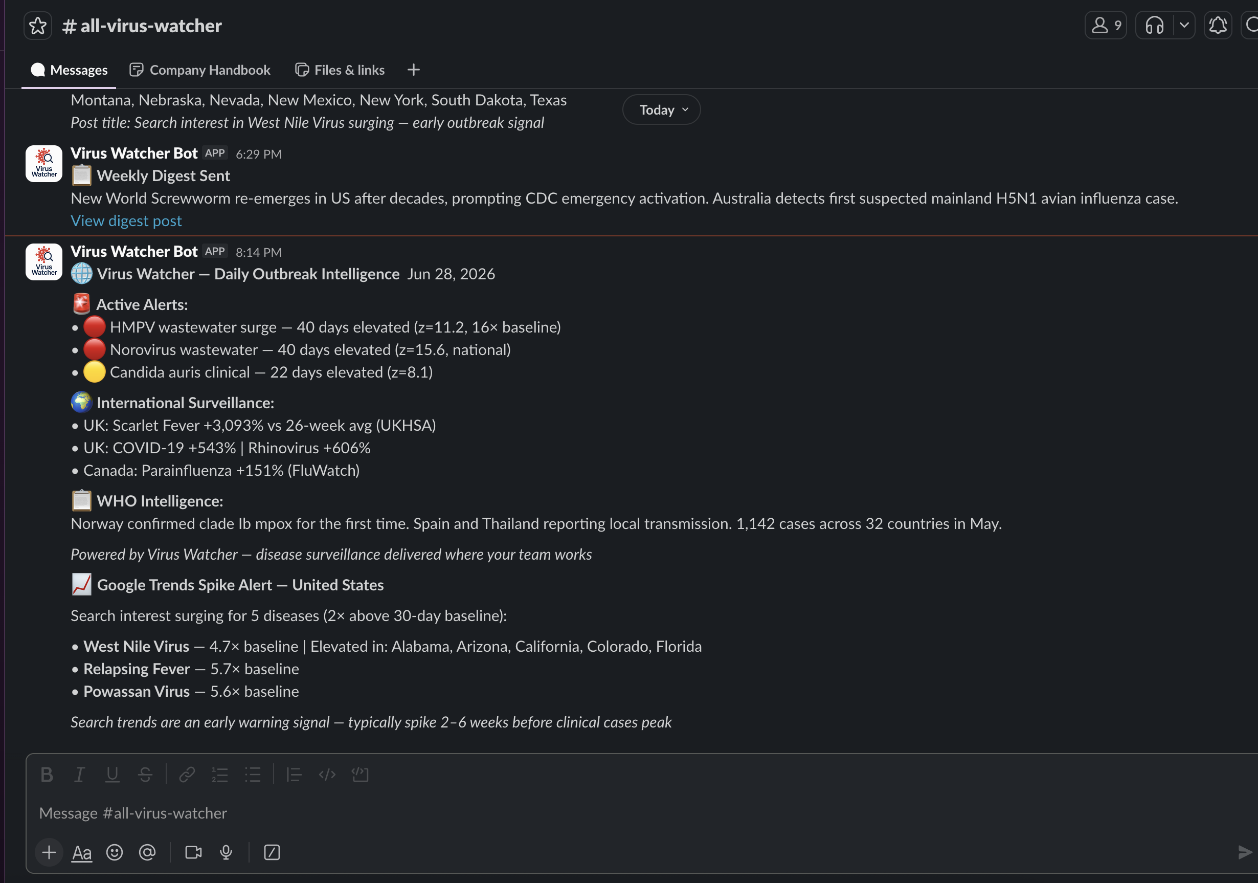 Virus Watcher Slack alerts showing outbreak intelligence, wastewater signals, and WHO reports
